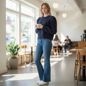 Boden Navy Ribbed Cropped Sweater Puff Sleeve Size L cozycore Cabincore